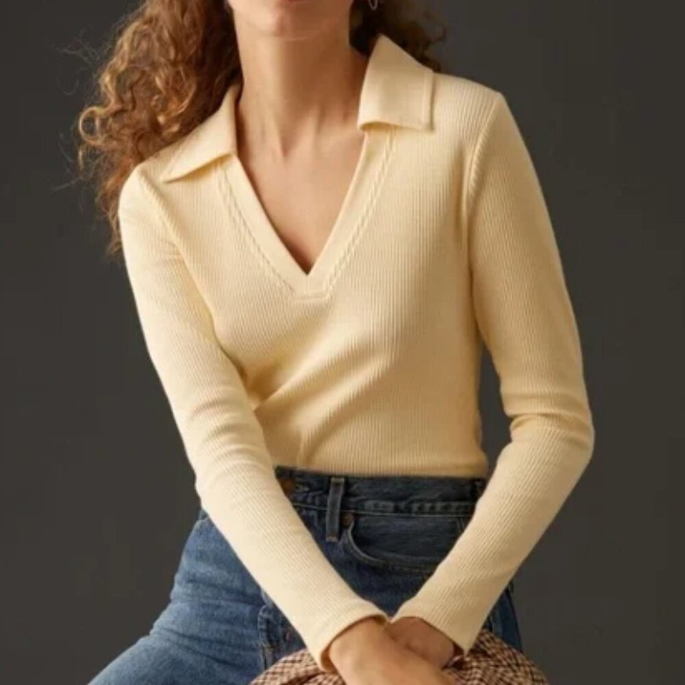 EUC Anthropologie Dolan Ribbed V Neck Polo Collared Top Cream Size XS
